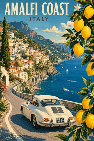 Amalfi Coast Vintage Travel Poster Preview Image