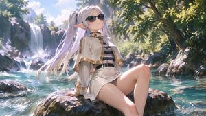 在森林溪流中放松的动漫精灵少女 preview image