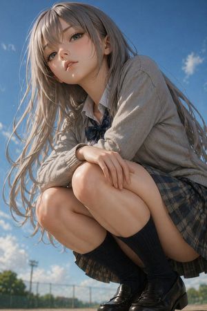 Realistic style anime girl high school student squatting portrait preview image