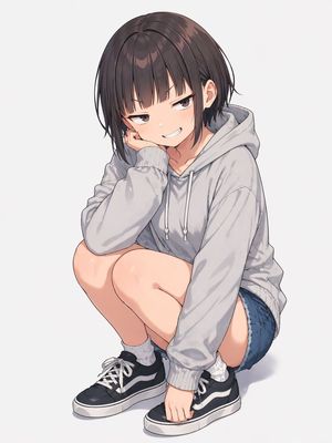 身穿大码连帽衫蹲姿的动漫少女 preview image