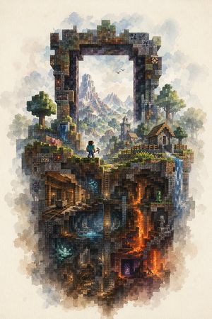 Watercolor-style Minecraft world cross-section preview image