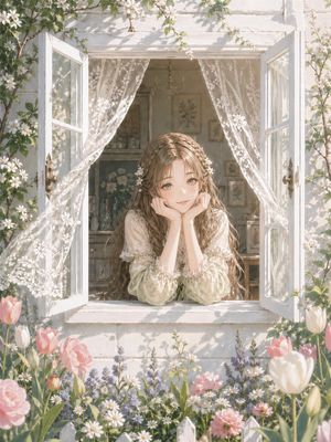 Romantic cottage window garden scene preview image