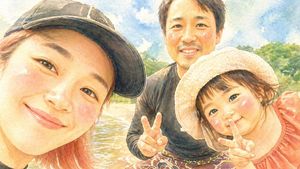 水彩风格家庭河畔自拍 preview image