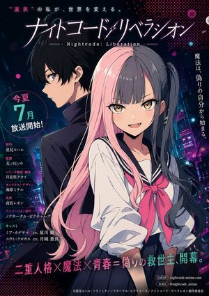 A preview image of a neon anime poster with a dual protagonist theme.