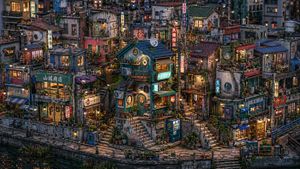 A preview image of a miniature retro Japanese canal landscape at dusk.