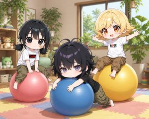 Cute cartoon-style children playing on a fitness ball (preview image)