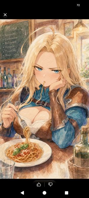 Watercolor fantasy heroine in a pasta restaurant preview image