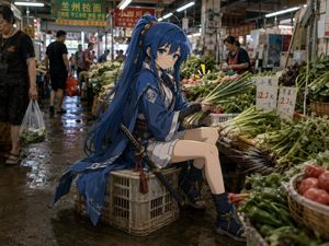 Anime female swordsman preview image in wet market