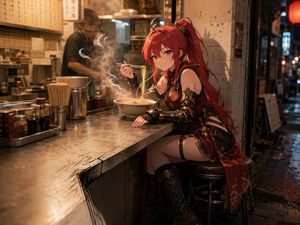 Anime warrior eating ramen preview image