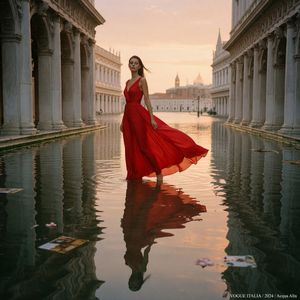 Preview image of a model in a deep red dress during the Venice floods.