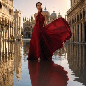 Preview image of a model in a deep red dress during the Venice floods.