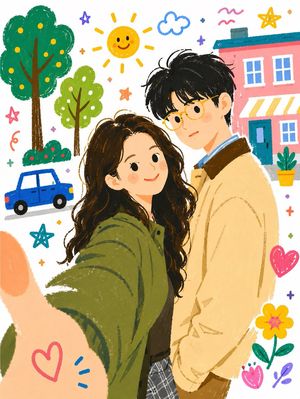 Heartwarming couple selfie doodle illustration preview image