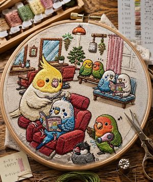 Embroidered style cozy bird living room preview image