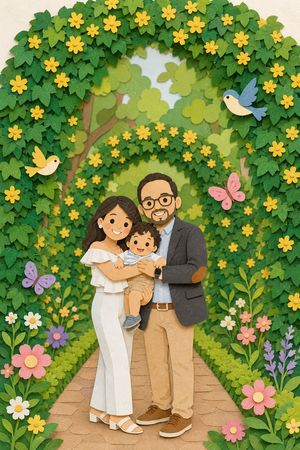 Family photo with paper-cutting style garden art preview image