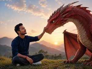 The man forms a bond with the red dragon at sunset (preview image)