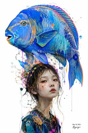 Surreal blue fish hat portrait preview image
