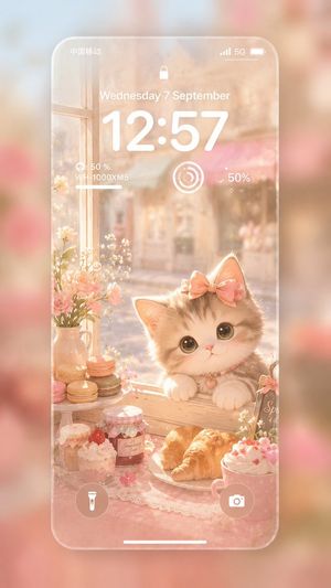 柔和色调小猫咖啡馆 iPhone 锁屏壁纸 preview image