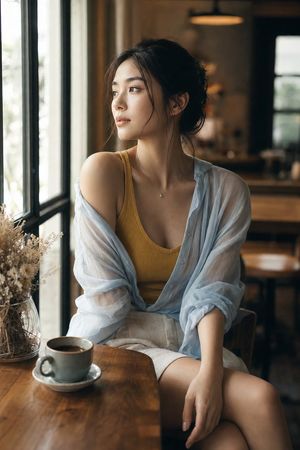 Realistic style window-side cafe fashion portrait preview image