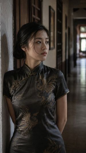 East Asian women wearing silk cheongsams - preview image