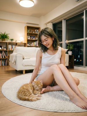 A woman and her cat in a cozy apartment (preview image)