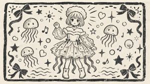 monochrome woodcut print style character postcard preview image