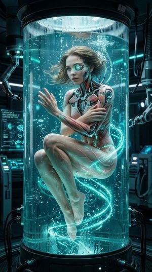 Preview image of a cyber woman in a cryogenic chamber