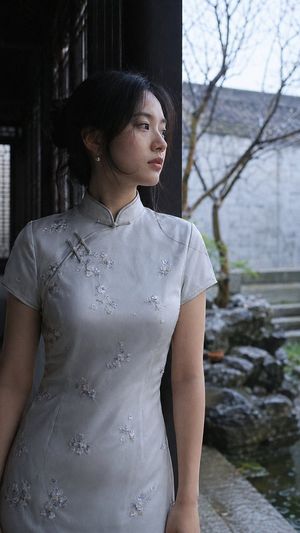 East Asian women in silk cheongsams - corridor portrait preview image