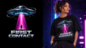 "First Encounter" Sci-Fi Themed T-Shirt Design Preview Image