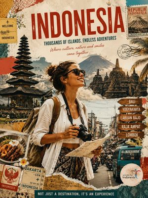 Retro Indonesian travel collage poster preview image