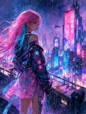 Watercolor Cyberpunk Rooftop Girl Preview Image