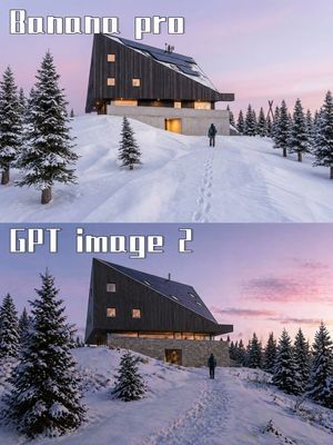 Double-panel snow scene wooden house model comparison preview image