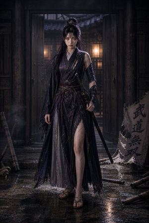 Dark fantasy female swordsman in the rain preview image