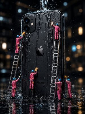 Miniature workers cleaning a giant iPhone preview image